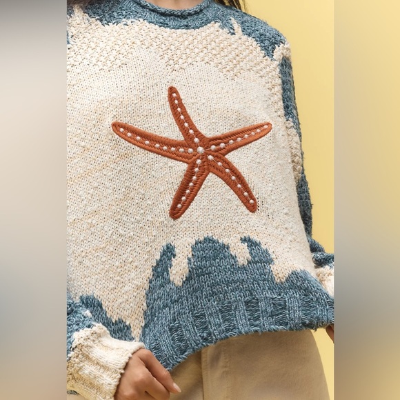 NWT! Anthropologie Pilcro Pullover Long-Sleeve Crew-Neck Icon Sweater Starfish - Picture 5 of 7